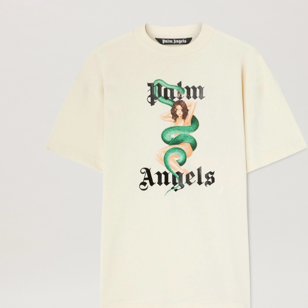 Palm Angels Cream Tee with Green Snake Graphic
